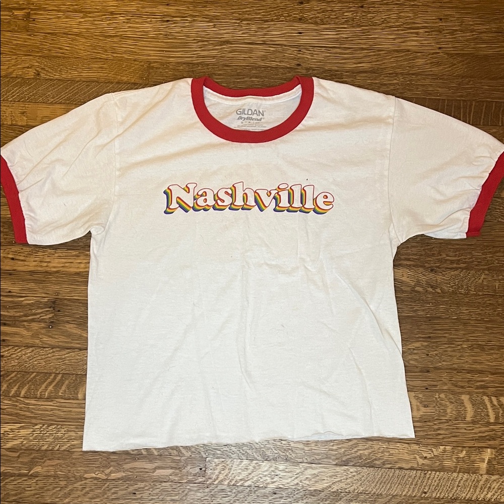 Gildan White Ringer Tee with Red Accents - "Nashville" Graphic